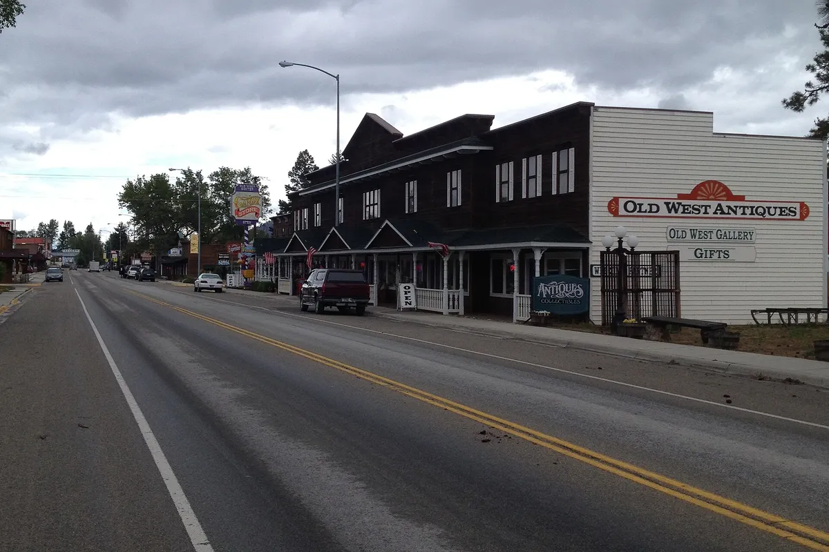 Main Street in Darby, Montana — Highway 93 running past the old-west storefronts at the south end of the Bitterroot Valley.